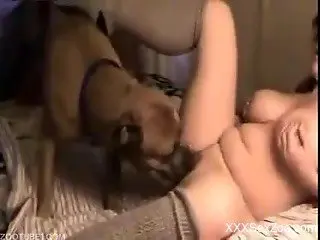 Thick brunette in knee-length socks fucking her dog