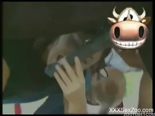 Two beautiful zoophiles brunettes are sucking horse dick