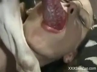 Nerdy beauty deepthroating a dog's hard cock