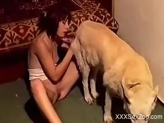 Scrawny amateur deepthroating a dog's delicious red cock