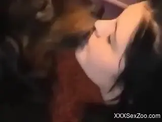 Brunette works the dog penis in a charming manner.