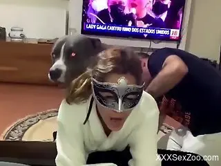 Hot lady in a mask getting humped by a dirty dog