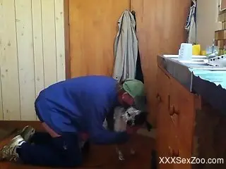 Dude in a sexy outfit fucking a dog from behind
