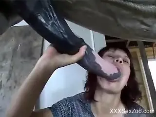 Thin wife throats giant horse dick before sex