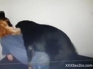 Dog fucks naked female through her jeans and comes in her