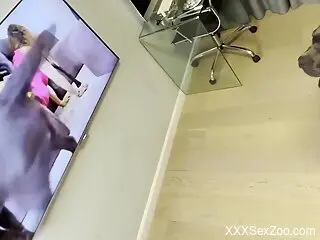 Hot blonde with a sexy body enjoys dog love