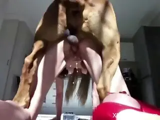 Dog fucks amateur nude woman and comes on her back