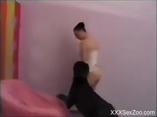Thin babe with nice forms tries dog dick in her fresh little h...