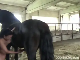 Naked woman feels entire horse dick in her tight holes
