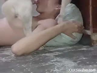 Naked slut throats the dog dick until the last drops on her boobs