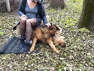 Chubby woman filmed putting the dog's dick in each of her holes