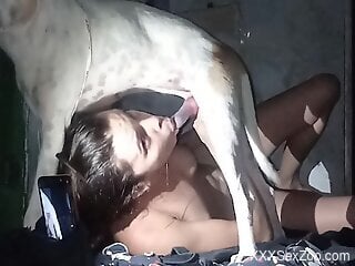 Dog fucks naked woman after she gives excellent blowjob